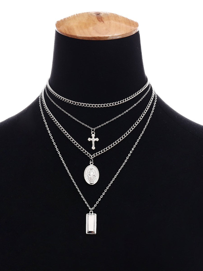 Holy Cross with Blessed Virgin Mary Layered Necklace